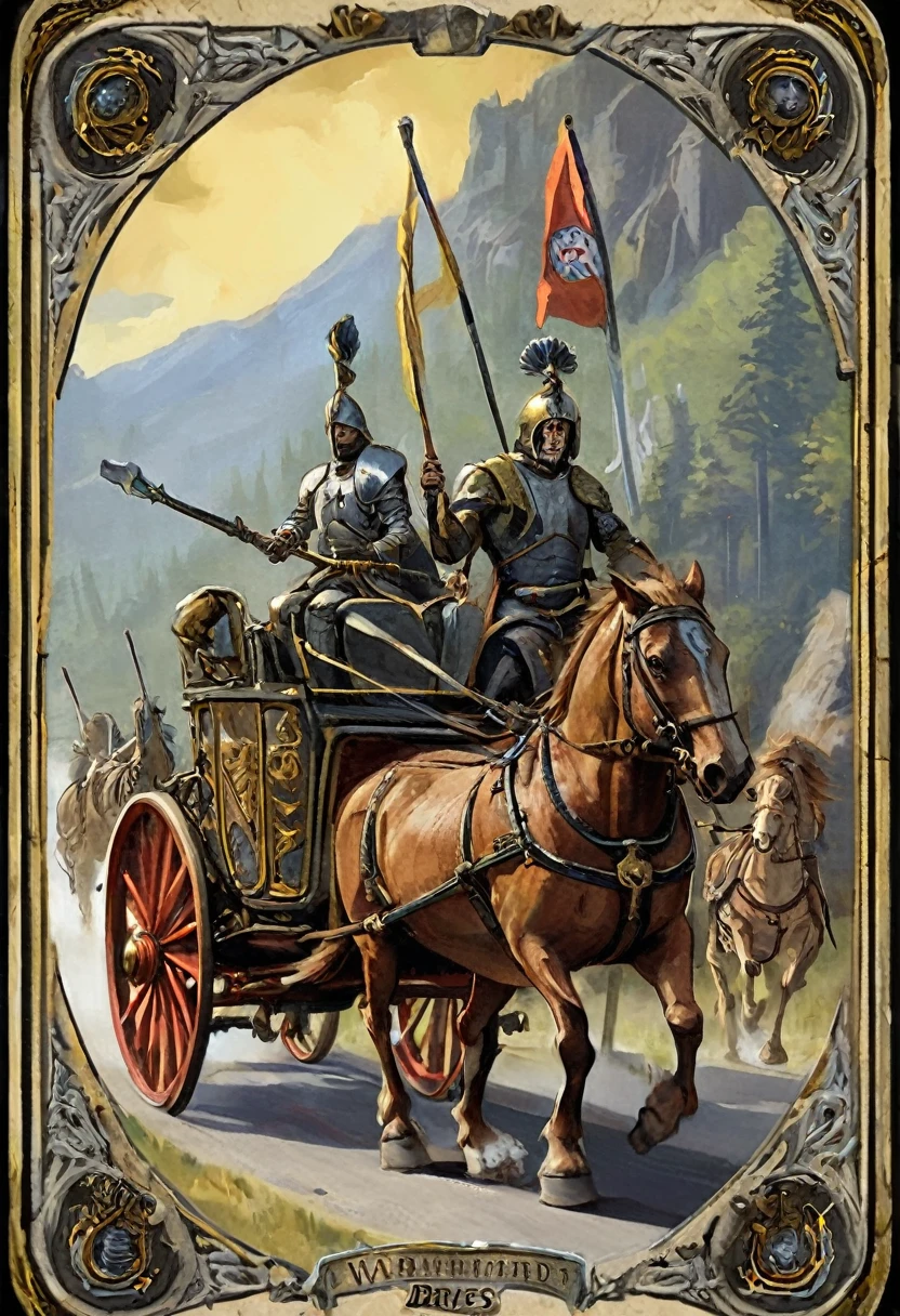 Tarot card border, Carriage, A warrior drives a chariot pulled by two different forms of creatures, move forward with contradictory forces. The tank is decorated with&#39;a symbol of victory, symbolizing determination to move forward and conquering inner conflicts, head of&#39;artwork, best quality, perfect composition, very aesthetic, absurd, Ultra-detailed, intricate details, professional, official art, Representative work