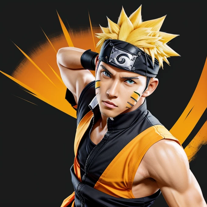 Create an illustration of Naruto Uzumaki in a dynamic pose, ready for action. He should be wearing his signature orange and black ninja outfit, complete with a headband featuring the Konoha symbol. The background should be colourful to make Naruto stand out prominently. Ensure his blond spiky hair, determined expression, and iconic accessories are accurately depicted to capture his character essence.