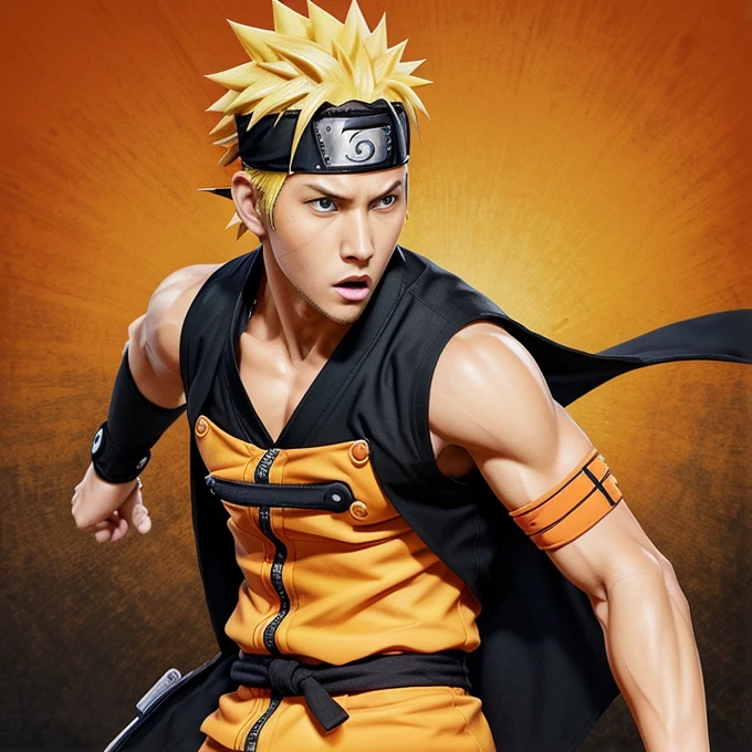Create an illustration of Naruto Uzumaki in a dynamic pose, ready for action. He should be wearing his signature orange and black ninja outfit, complete with a headband featuring the Konoha symbol. The background should be colourful to make Naruto stand out prominently. Ensure his blond spiky hair, determined expression, and iconic accessories are accurately depicted to capture his character essence.