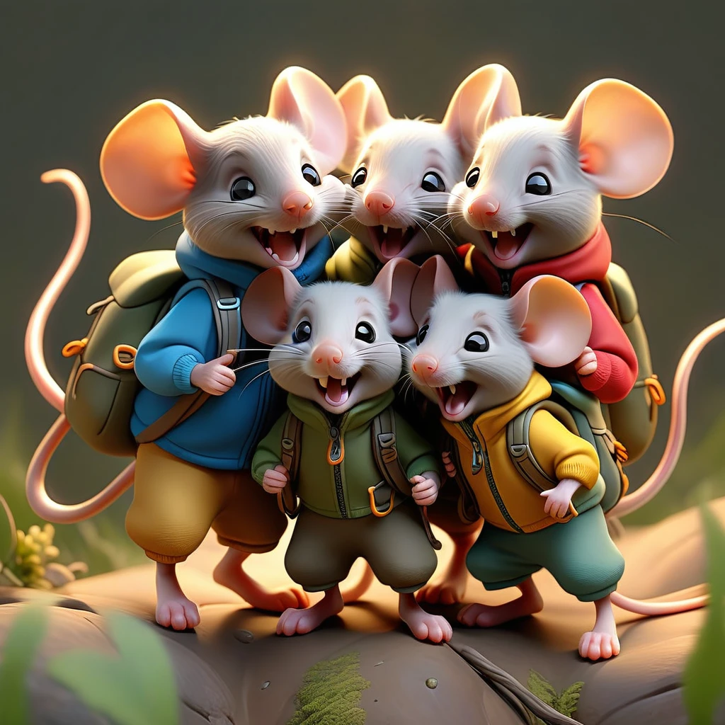 a group of mice wearing hiking gear, hugging each other, jumping in joy, cute, adorable, highly detailed, 4k, photorealistic, studio lighting, vibrant colors, whimsical, illustrated, storybook style, intricate details, dynamic composition, soft lighting, warm tones