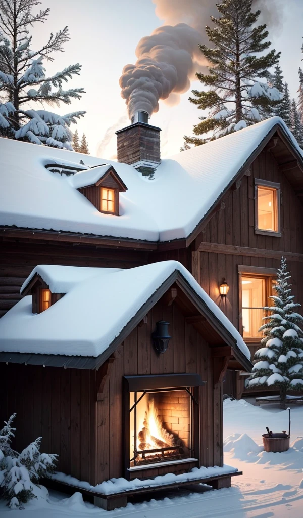 A cozy, rustic cabin in the mountains during winter, with smoke rising from the chimney, snow-covered pine trees surrounding the cabin, a snowman in the front yard, and a warm, golden light emanating from the windows, indicating a roaring fire inside