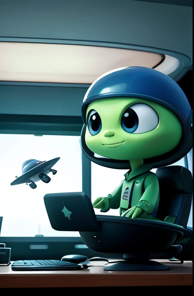 alien flying in a flying saucer that looks like a gaming computer