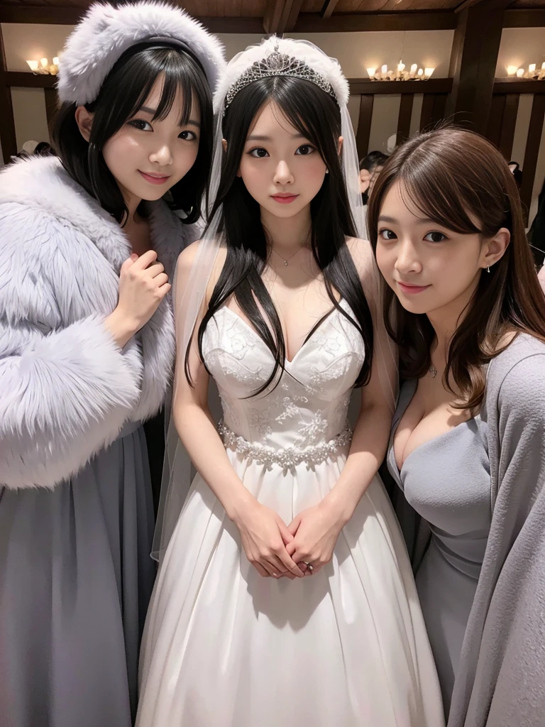 fluffyの毛皮。fluffy。Pair of women、ice hotel、Dark Room。Wedding dressを着た女性たちの写真。Wedding dress、Grey fur cape。Surrounded by fair-skinned adult women。。The dark dungeon of an old stone castle。Fisheye Lens。Multiple women。Wedding costumes