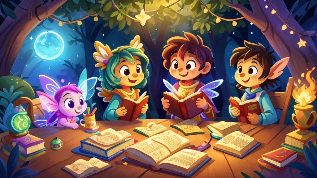 Create an enchanting and whimsical illustration for a YouTube channel named 'Magic Minute Stories' focused on short stories for kids. The artwork should feature magical elements like fairies, books, stars, and other imaginative elements that evoke wonder and storytelling. The style should be colorful, vibrant, and appealing to children, with a friendly and inviting atmosphere suitable for a children's entertainment channel.