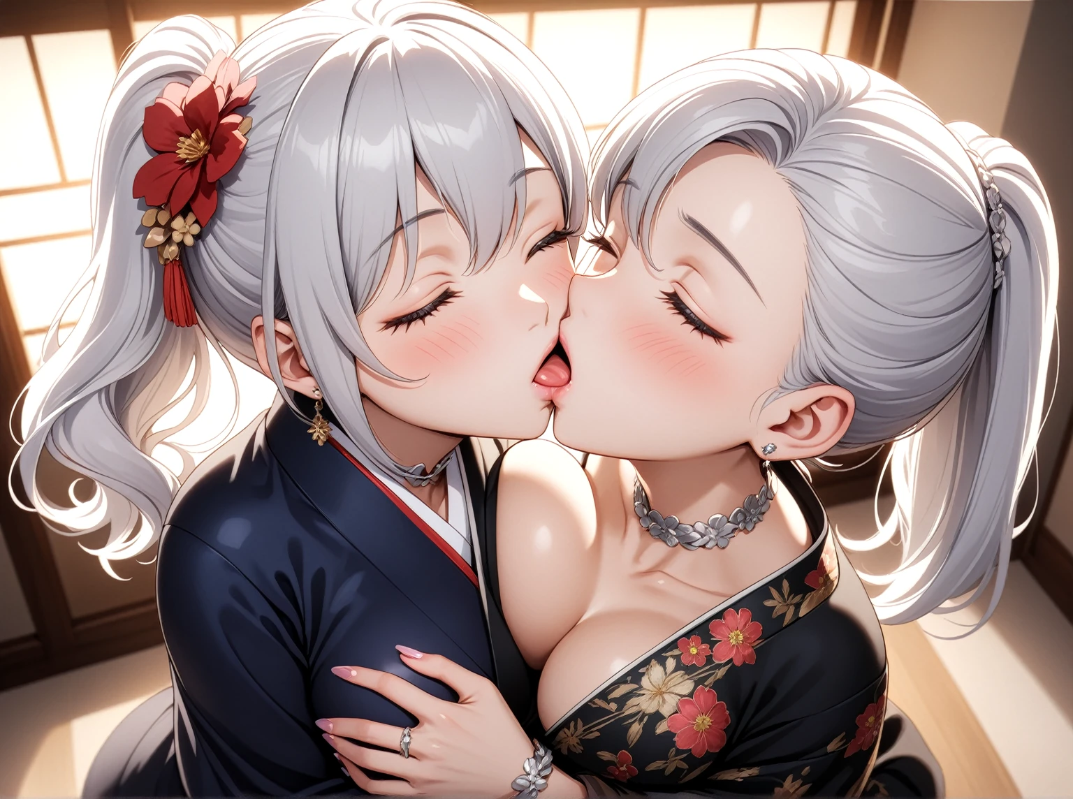 ((One personの女性)), Beautiful Face, Laughing embarrassedly, (laugh:1.2),((incoming kiss,closed eyes:1.9)), (head tilt:1.3), Laugh with your mouth wide open,((breath:2.2)), upper teeth, ((steam:1.9)), looking down at viewer, ((breast grab:2.0)), ((full-face blush:1.6)),Glossy Red Lips,rooftop, firework, Glossy red lips, Shining Face, ((Anime style background)),masterpiece, Highest quality, so beautiful,up to date, Complex details, (Pink long nails),(ring),(bracelet),(Floral choker),AI-generated, Complex,High resolution, Highest quality, super high quality,3D Images、3D Images, One person, Long white hair, High Ponytail, Anime woman posing for a photo, (blue eyes), ((Fine grain、Silvery white, lightly pigmented eyes、Shining Eyes:1.4)), (Squint your eyes:1.1),a hyperRealistic , hyperRealistic , Realistic,Anime woman with long white hair, Smooth anime CG art, A woman in a colorful kimono with gold embroidery, ((Black long sleeve kimono:1.4)),Red floral pattern,Long flower hair ornament,Earrings,Mature Body,(Big Breasts:1.1),Exposed nipples,Tall,Abdominal muscles,Tight waist, (from above),
