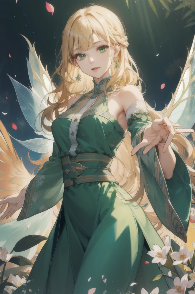 (absurdres, highres, ultra detailed), 1girl, mature female, wavy blonde hair, long hair, blunt bangs, green eyes, green dress, fairy wings, finely detailed eyes and detailed face, extremely detailed CG unity 8k wallpaper, intricate details, BREAK , kaleidoscopic imagery, symmetrical patterns, vibrant colors, geometric shapes, mesmerizing designs, optical illusions, dynamic composition BREAK , pantomime art, expressive body language, silent storytelling, evocative gestures, visual narratives, theatrical performances BREAK , blooming flowers, colorful petals, fragrant scents, nature's bounty, vibrant gardens, peaceful scenery