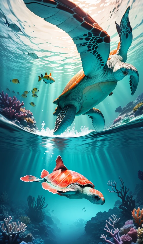 An underwater scene in a vibrant coral reef, with schools of colorful fish swimming around, a majestic sea turtle gliding through the water, sunlight filtering down from the surface, and a diver in the distance exploring the marine life