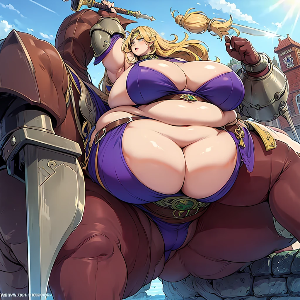 a fat woman, long yellow hair, green eyes, metal armor, sword on back, bbw, fat, fantasy, epic, dramatic, warrior