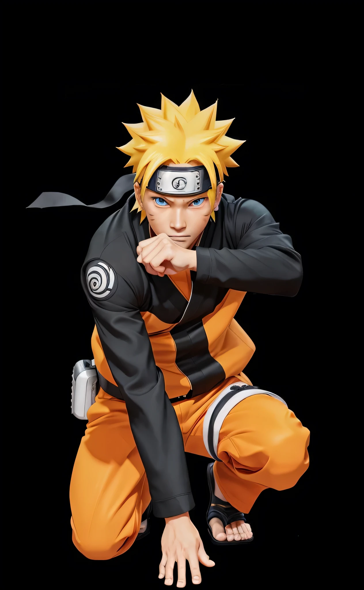 Create an illustration of Naruto Uzumaki in a dynamic pose, ready for action. He should be wearing his signature orange and black ninja outfit, complete with a headband featuring the Konoha symbol. The background should be plain black to make Naruto stand out prominently. Ensure his blond spiky hair, determined expression, and iconic accessories are accurately depicted to capture his character essence.