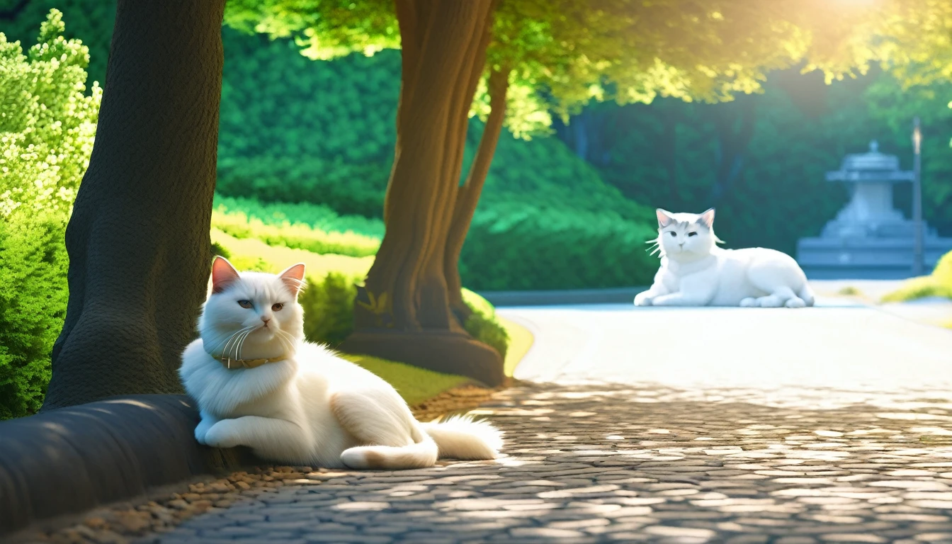  summer heat, anime aestetics, noon, park full of trees, big fountain in the center, greek style fountain, beautiful white cat laying on the road, sleeping cat, cat focus, laz cat, fluffy cat, calm summer days, green and blue colors, perfect shadows, beauty of nature, stone roads, wide shot, atmospheric perspective, perspective, 4K, 8k, best quality, award winning, anatomically correct, super detail, masterpiece