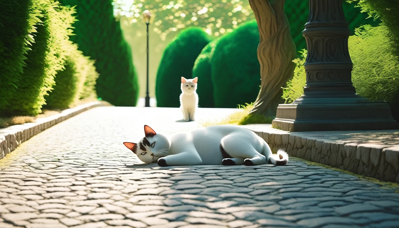  summer heat, anime aestetics, noon, park full of trees, big fountain in the center, greek style fountain, beautiful white cat laying on the road, sleeping cat, cat focus, laz cat, fluffy cat, calm summer days, green and blue colors, perfect shadows, beauty of nature, stone roads, wide shot, atmospheric perspective, perspective, 4K, 8k, best quality, award winning, anatomically correct, super detail, masterpiece