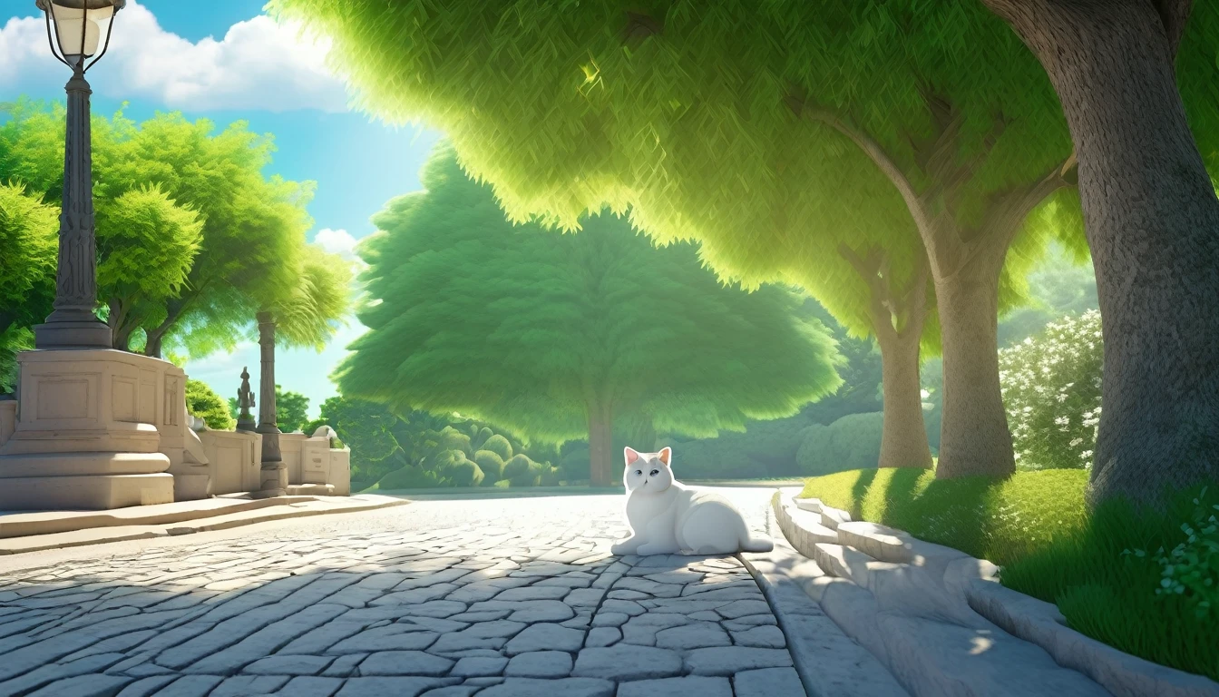  summer heat, anime aestetics, noon, park full of trees, big fountain in the center, greek style fountain, beautiful white cat laying on the road, sleeping cat, cat focus, laz cat, fluffy cat, calm summer days, green and blue colors, perfect shadows, beauty of nature, stone roads, wide shot, atmospheric perspective, perspective, 4K, 8k, best quality, award winning, anatomically correct, super detail, masterpiece