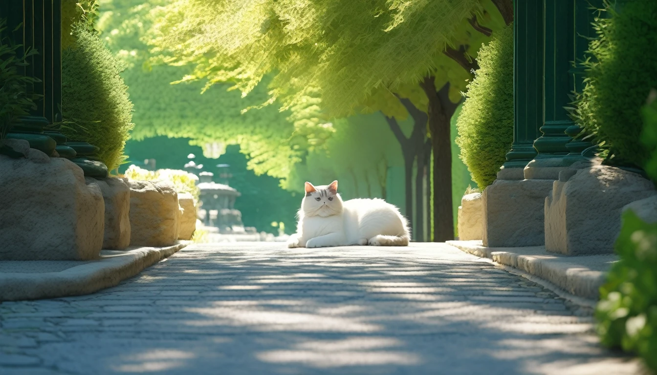  summer heat, anime aestetics, noon, park full of trees, big fountain in the center, greek style fountain, beautiful white cat laying on the road, sleeping cat, cat focus, laz cat, fluffy cat, calm summer days, green and blue colors, perfect shadows, beauty of nature, stone roads, wide shot, atmospheric perspective, perspective, 4K, 8k, best quality, award winning, anatomically correct, super detail, masterpiece