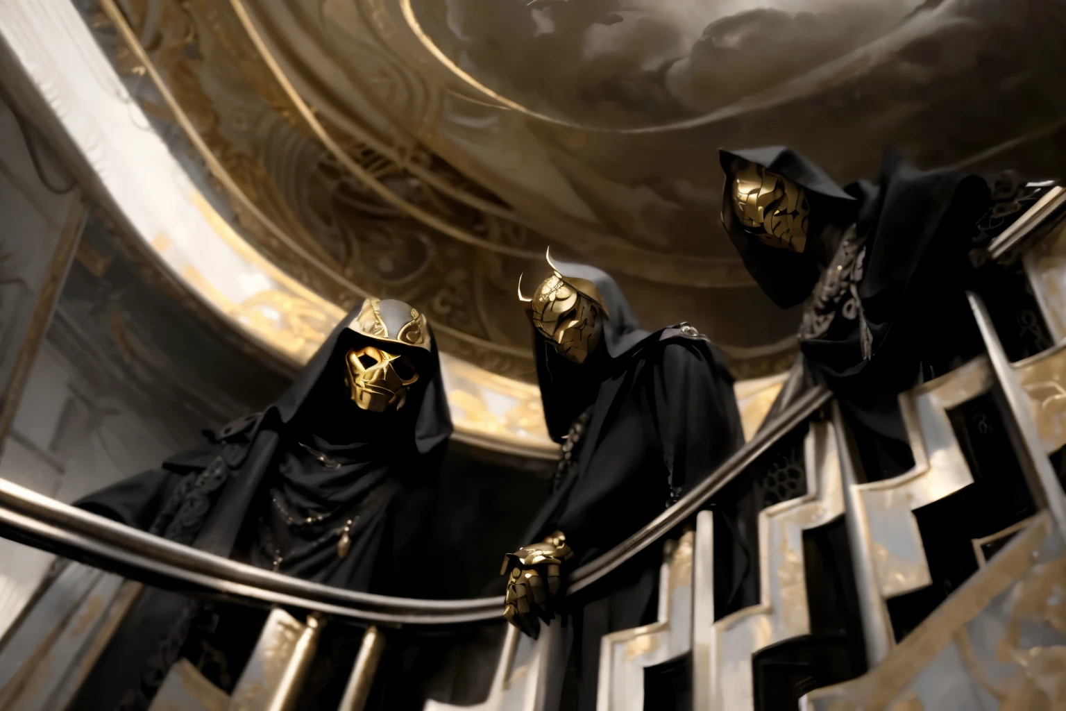 a golden masked figure, dramatic dark clouds, moody atmospheric lighting, intricate ornamental details, highly detailed, 8k, photorealistic, dark fantasy, cinematic, chiaroscuro lighting, dramatic shadows, golden accents, ominous atmosphere, striking contrast, muted color palette