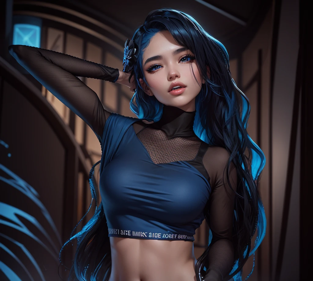 AVATAR SECOND LIFE Korean girl blouse black black, asiática hair blue, hair blue, hair blue, Perfect and detailed face, imvu, maximalist details, AVATAR SECOND LIFE Korean blouse and pants , neon, hair blue,, hair full blue, hair blue, all blue hair, ASIAN GIRL, KOREAN GIRL