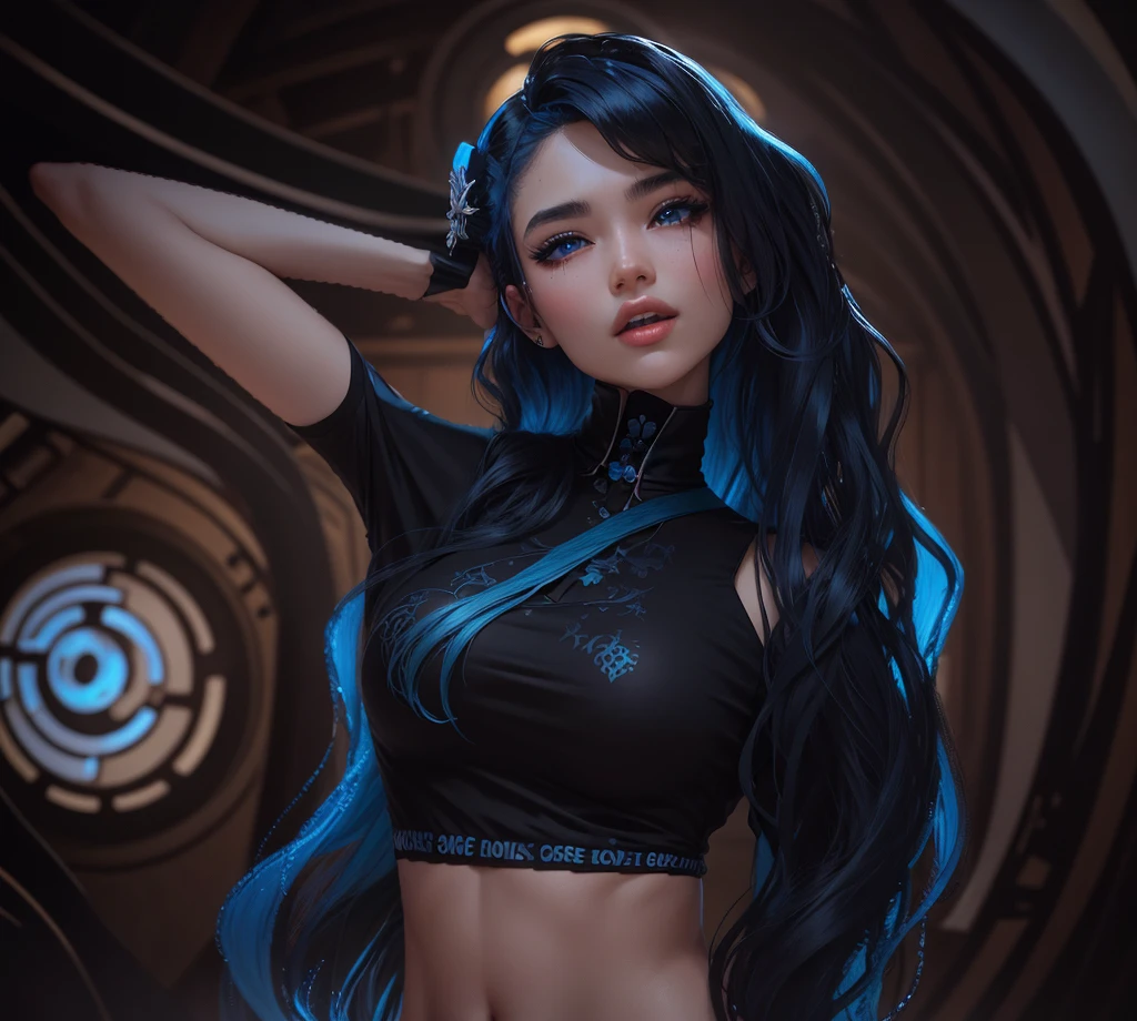 AVATAR SECOND LIFE Korean girl blouse black black, asiática hair blue, hair blue, hair blue, Perfect and detailed face, imvu, maximalist details, AVATAR SECOND LIFE Korean blouse and pants , neon, hair blue,, hair full blue, hair blue, all blue hair, ASIAN GIRL, KOREAN GIRL