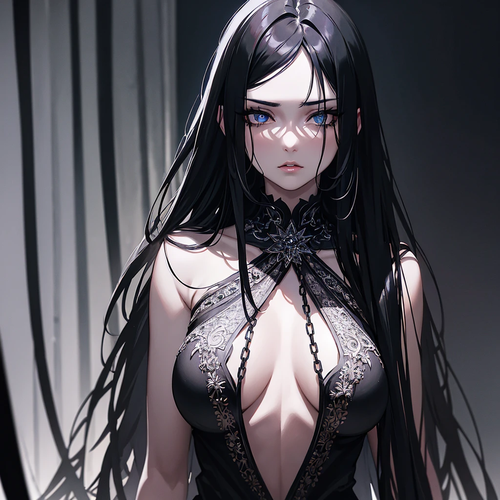 a girl with long black hair, body chains, black top, black pants, detailed face, beautiful detailed eyes, beautiful detailed lips, extremely detailed eyes and face, long eyelashes, ethereal, mysterious, moody, dramatic lighting, cinematic, dark fantasy, dark gothic, chiaroscuro, dramatic colors, rich saturated colors, dramatic shadows, dramatic highlights, moody atmosphere, deep black, deep shadows, dramatic contrast
