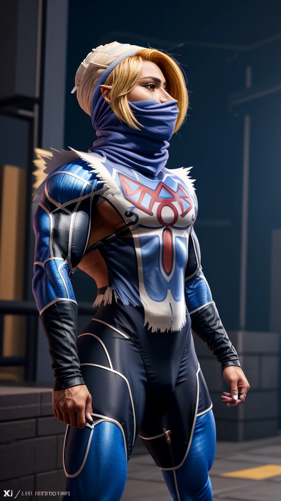 1 girl, sheik, the legend of zelda: Ocarina of Time, Subscribe to, turban, covered mouth, scarf, blue bodysuit, tabard, bandages,  romper,
combat stance, romper,, ​masterpiece, best quality, hyper-realistic, extremely detail, high quality, 4K, keen focus, professional photography, keen focus, award-winning, cinematic lighting, octane render, unreal engine, Volume measurement DTX, backdrop,  (Bodybuilder), extremely muscular, (young woman, muscular legs , muscular arms, Muscular upper body, muscular abdominal muscles , muscular shoulders,)