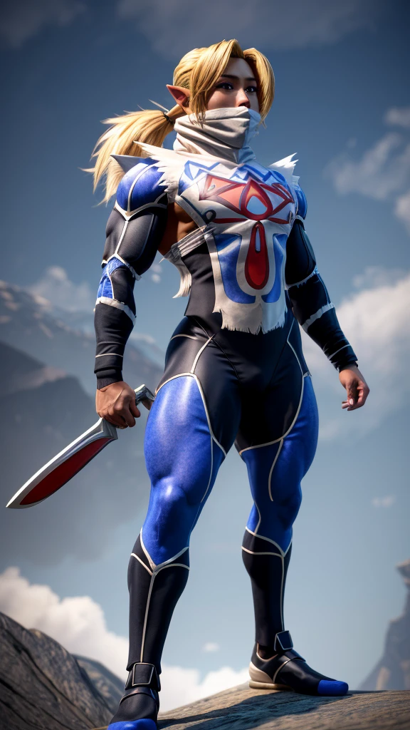 1 girl, sheik, the legend of zelda: Ocarina of Time, Subscribe to, turban, covered mouth, scarf, blue bodysuit, tabard, bandages,  romper,
combat stance, romper,, ​masterpiece, best quality, hyper-realistic, extremely detail, high quality, 4K, keen focus, professional photography, keen focus, award-winning, cinematic lighting, octane render, unreal engine, Volume measurement DTX, backdrop,  (Bodybuilder), extremely muscular, (young woman, muscular legs , muscular arms, Muscular upper body, muscular abdominal muscles , muscular shoulders,)