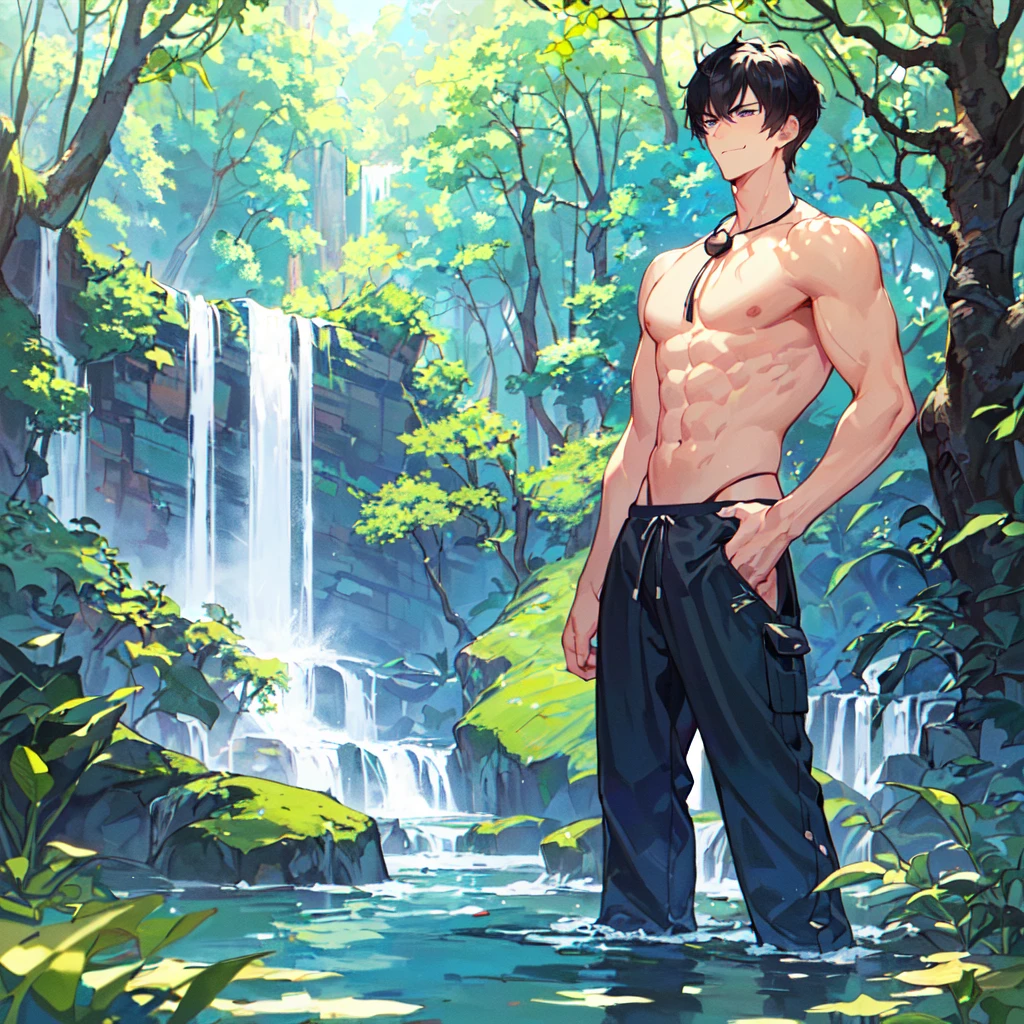 masterpiece,best quality,high quality,extremely detailed,(male austere handsome one solo adult age 30 years old:1.5),(purple eyes, cool with suspended eyes), body strong and fearless 8.5 head tall and 185cm tall,(well-groomed black hair short hair to neck:1.4), (bangs parted in thirds:1.4), (pectoral and rectus abdominis:1.3), slender nose, facial muscles, (saltwater pants:1.3), (hand on neck:1.3), (scowling smile:1.3), (taking a dip:1.3), (stylish pose), (background summer waterfall and forest:1.3), (blue sky)