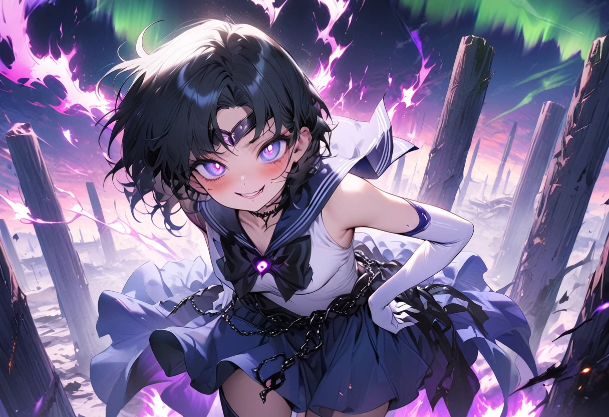 masterpiece, best quality, ultra-detailed, illustration, beautiful detailed eyes, ecstasy, happy, blush, pillars of purple fire, Feeling magical energy, hand on own hip, dark persona, evil smile, Leading a ritual, aurora, wasteland, , beautiful art, high res, perfect face, detailed outfit, Dark Mercury, Mizuno Ami, blue hair, dark blue eyes, dark blue sailor collar, white leotard, black chain around the waist, black and blue bow on the chest and on the back, white elbow gloves, blue skirt, high-knee boots, black tiara, purple eyeshadow,