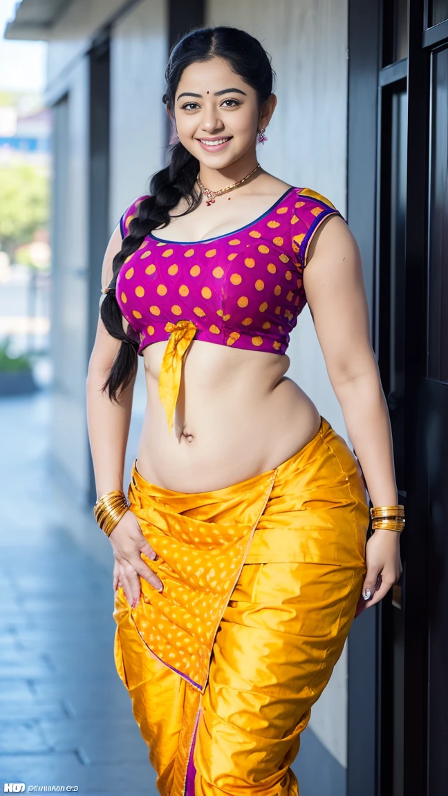 HD wallpaper 32k cinematic shoot of a Beautiful cute Rashmika Mandanna, with thick thighs and a curvy waist, twin braids, wearing an Indian blouse top, horny, seductively, in a school corridor, dotted blouse top, smiling, ((long curvy waist)), ((lowwaist)), ((curvy waist))
