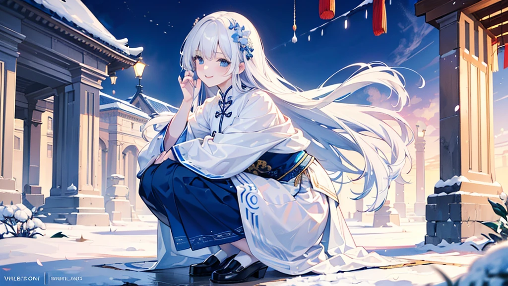 ((best quality,masterpiece,Extremely complex and exquisite details,There is only one beautiful girl with long white straight hair and blue eyes,Smile,long skirt)),(Exquisite light blue and white Chinese clothing,Beautiful bright and exquisite snow-white ancient style architectural background),(correct anatomy,exquisite face),(Exquisite fantasy dream style,Snow,Falling Flowers,Majestic and elegant outdoors),((Long-distance full body picture of a single person,Squat))
