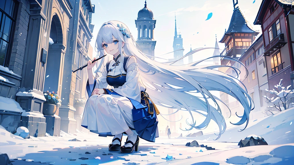 ((best quality，masterpiece，Extremely complex and exquisite details，There is only one beautiful girl with long white straight hair and blue eyes，Smile，long skirt))，(Exquisite light blue and white Chinese clothing，Beautiful bright and exquisite snow-white ancient style architectural background)，(correct anatomy，exquisite face)，(Exquisite fantasy dream style，Snow，Falling Flowers，Majestic and elegant outdoors)，((Long-distance full body picture of a single person，Squat))