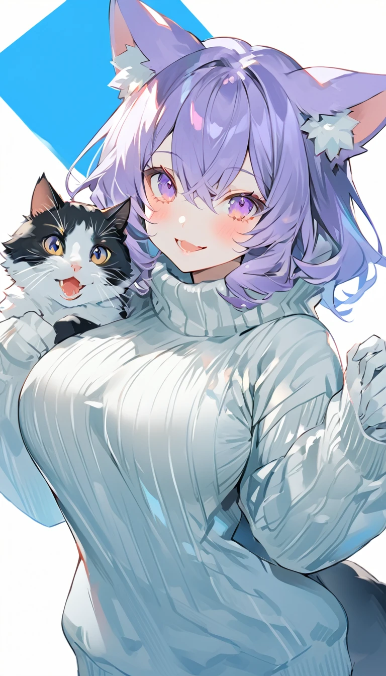 an illustration of an anime girl poses while holding a cat and wearing a sweater, 1girl, breasts, solo, animal ears, furry female, furry, looking at viewer, large breasts, open mouth, sideboob, purple eyes, blush, purple hair, smile