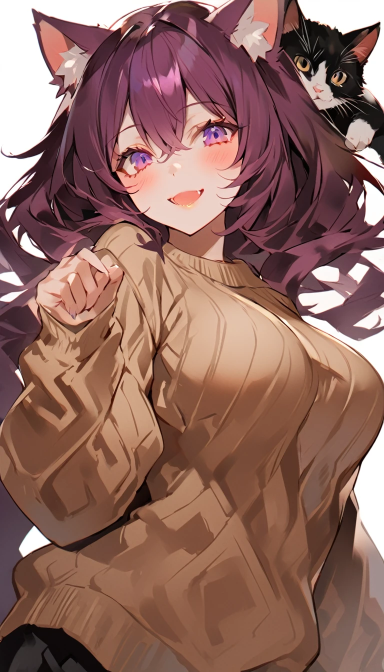 an illustration of an anime girl poses while holding a cat and wearing a sweater, 1girl, breasts, solo, animal ears, furry female, furry, looking at viewer, large breasts, open mouth, sideboob, purple eyes, blush, purple hair, smile