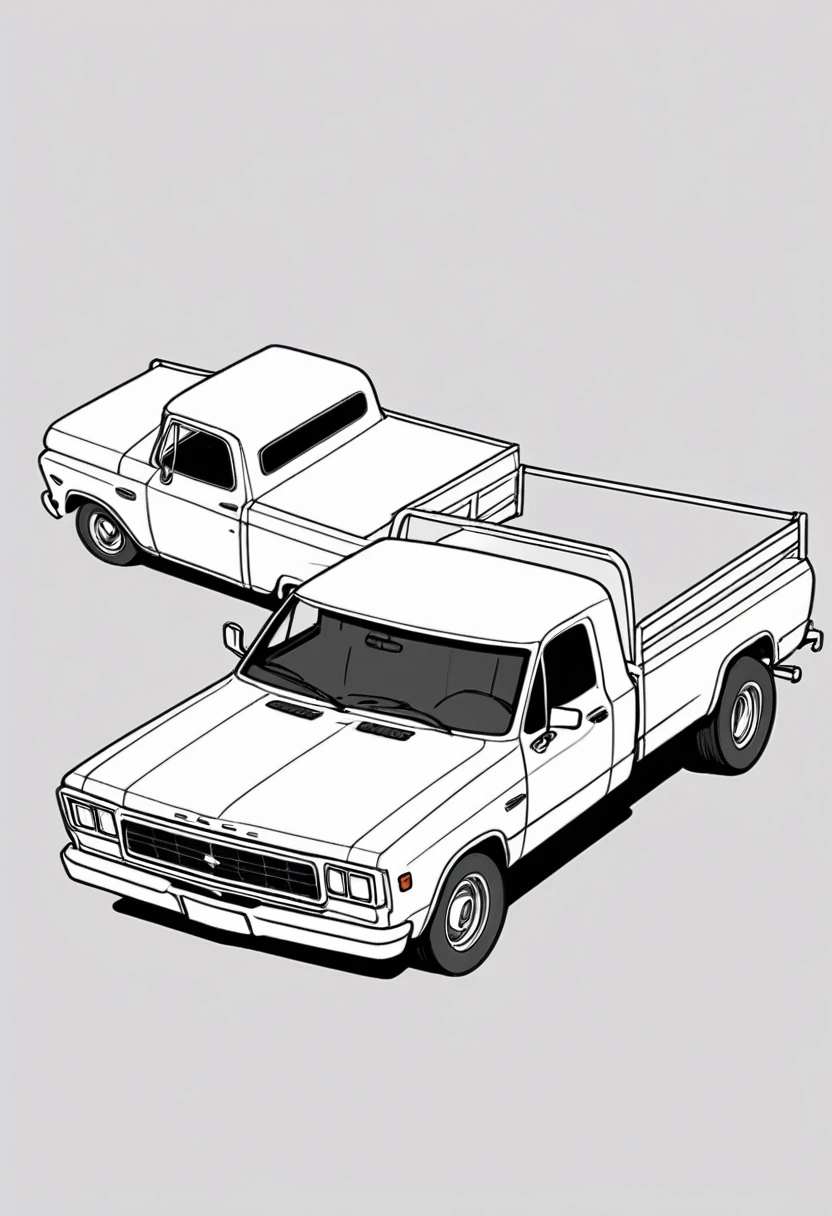 Line drawing of a pickup truck，Vector Art, To flatten, Smooth line art, Minimalism, Graphic design aesthetics, Flat illustration, (masterpiece, best quality, Perfect composition, very aesthetic, absurd, Extremely detailed, Intricate details, professional, Official Art, representative work:1.3)