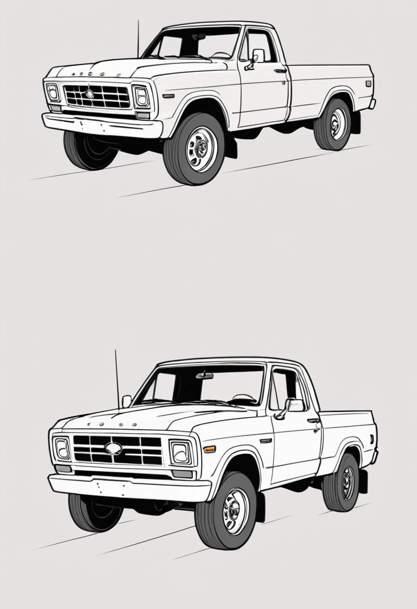 Line drawing of a pickup truck，Vector Art, To flatten, Smooth line art, Minimalism, Graphic design aesthetics, Flat illustration, (masterpiece, best quality, Perfect composition, very aesthetic, absurd, Extremely detailed, Intricate details, professional, Official Art, representative work:1.3)