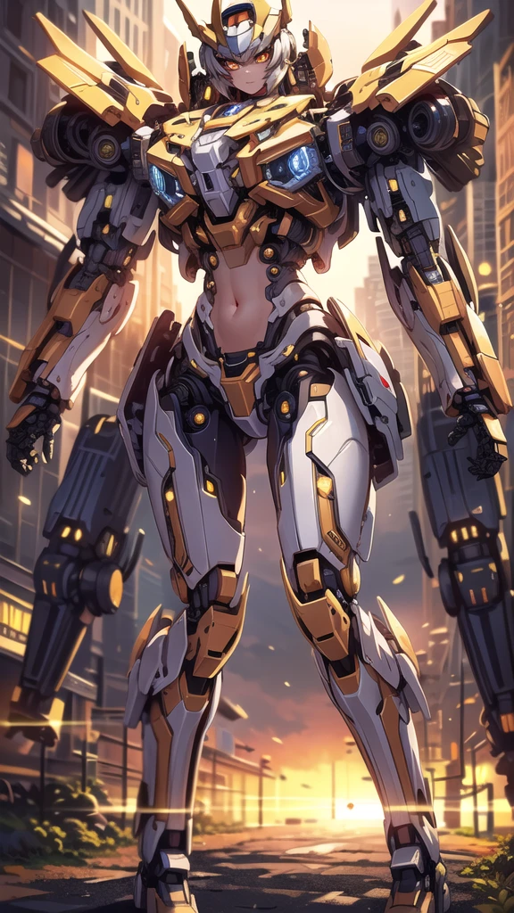 ((Masterpiece, Best Quality)), illustration, ultra-detailed 8K, realistic, clear focus, highly detailed, professional lighting, colorful details, rainbow colors BREAK factory super long shot, (1 large mechanical robot), microchip, computer, luminescence, intricate details, shitu-mecha, 1girl downscale standing in front of the viewer, navel