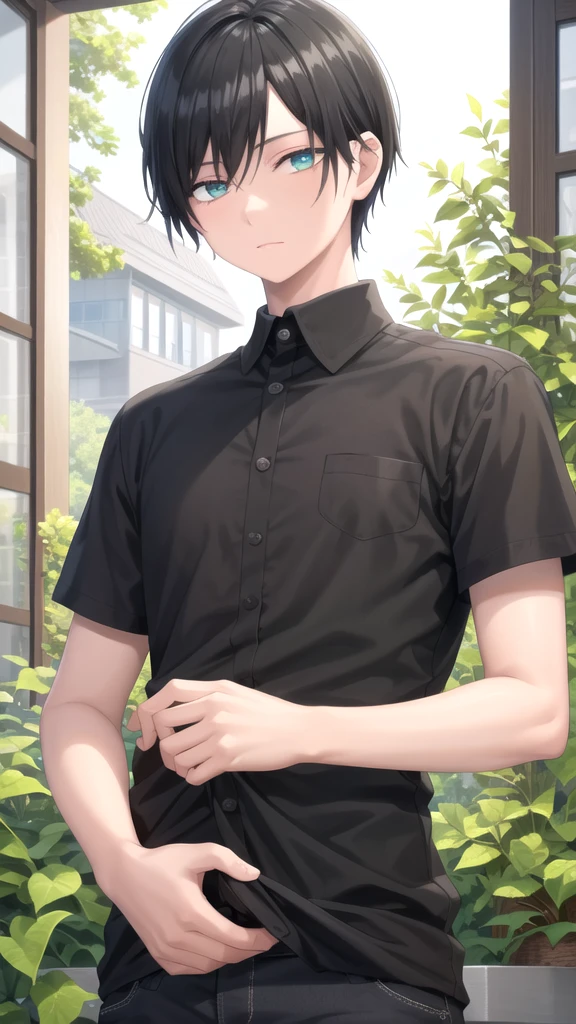 masterpiece, best quality, high quality, 1boy, solo, 14-year-old boy,male focus, looking at viewer , black hair, old-school swoop haircut,upper body , emerald eyes,