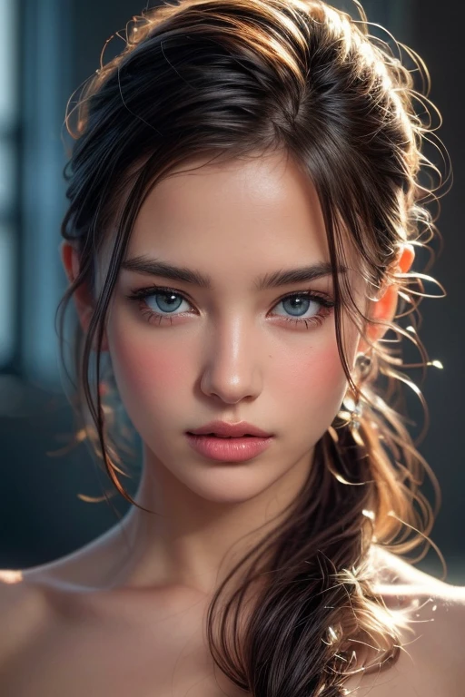 (Best Quality, 4K, 8K, High Resolution, Masterpiece: 1.2), (Super Detailed, Realistic, Photorealistic:1.37)A captivating young girl, donning a striking ensemble of red and blue, stands before a window with an air of toughness and determination. Her enchanting eyes are exquisitely detailed, capturing every glimmer and depth, while her lips boast a meticulous beauty that is both captivating and alluring. The level of detail extends to her entire face, each contour and feature meticulously rendered to perfection, creating a sense of hyper-realism that draws the viewer in. 

The girl's attire, reminiscent of oil painting art, is a work of art in itself. The fabric, skillfully crafted to resemble vibrant brushstrokes, adds a touch of dynamism to her overall appearance. It is a true reflection of the artist's talent, showcasing a mastery, (NSFW:1.1), Chignon hairstyle, (beautiful nipples:1.1), (moist skin texture:1.2)