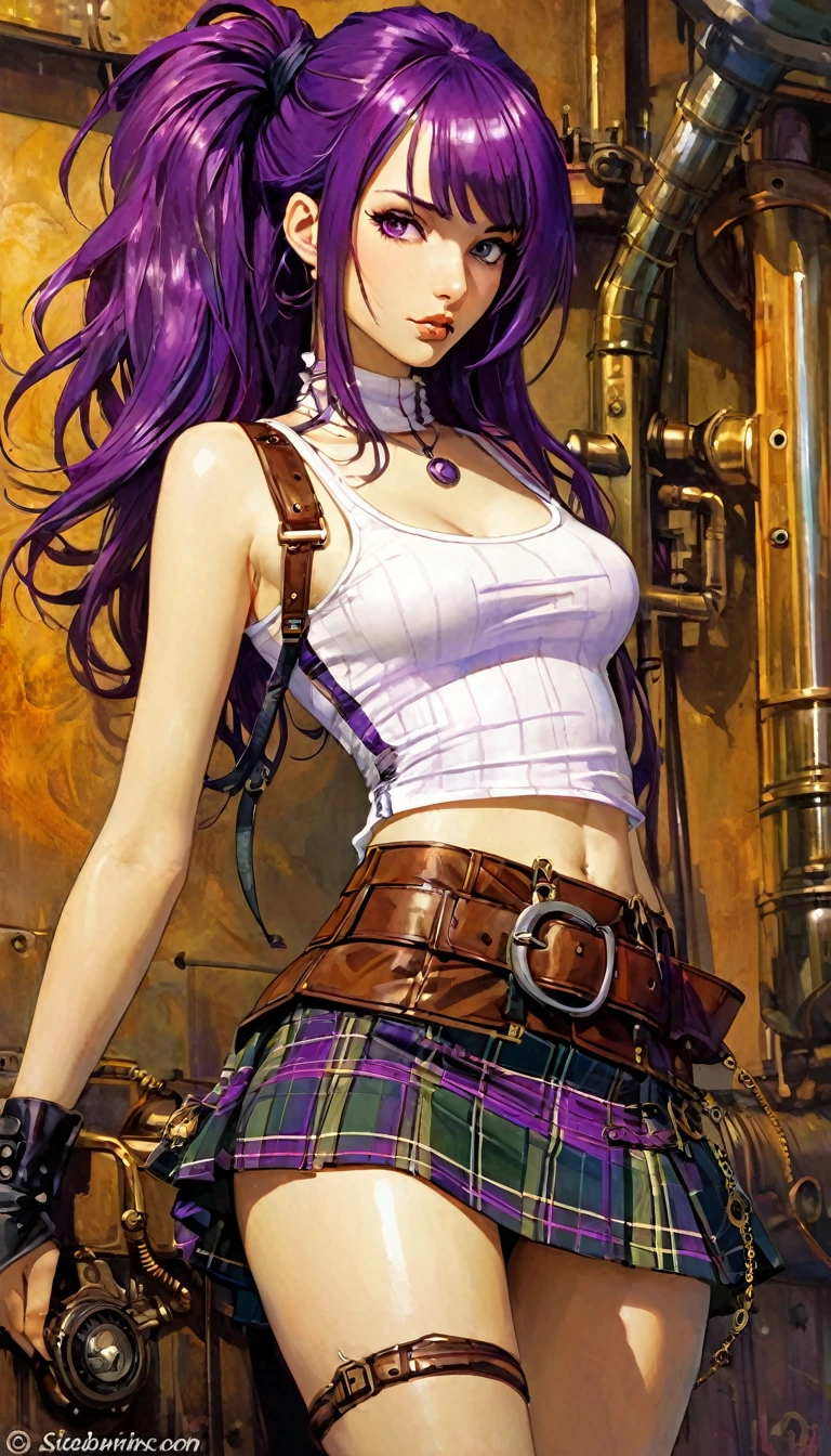 steampunk world. 1.5, Sexy girl, long purple hair, plaid miniskirt, belt rope, small breasts, tight tank top, art inspired by Bill Sienkiewicz
