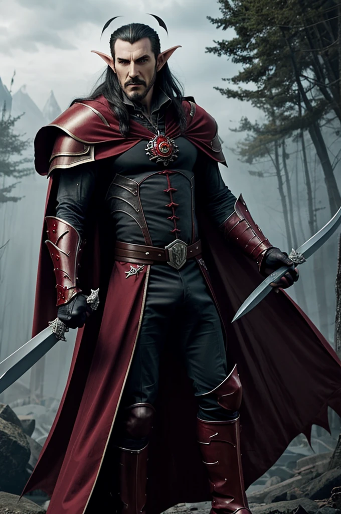 Make me an avatar in comics style animation of Dracula the vampire king in full body, with armor of skulls, with the red vampire cape, with long hair and mustache, with a vampire sword, with elf ears, and with boots of armor