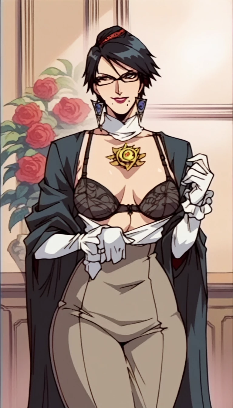 rating_explicit,bayonetta, milf, smile, beautyfull woman, dressed, black bra