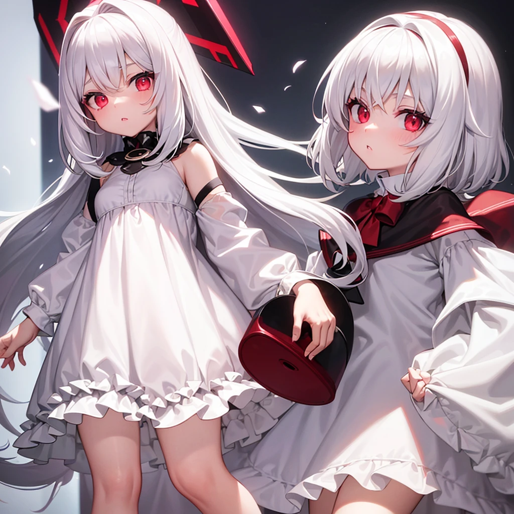 8 year old girl white hair ,Red eyes(one lens),a white dress(that reaches your knees) a little chubby,.
