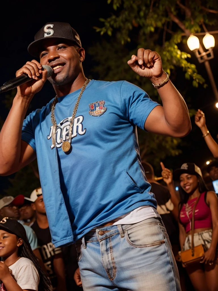 man of 40 years old, with cap, pop music singer, singing at an outdoor party with great joy, with many women.
