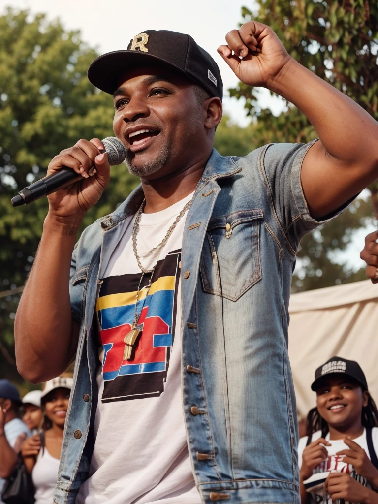 man of 40 years old, with cap, pop music singer, singing at an outdoor party with great joy, with many women.
