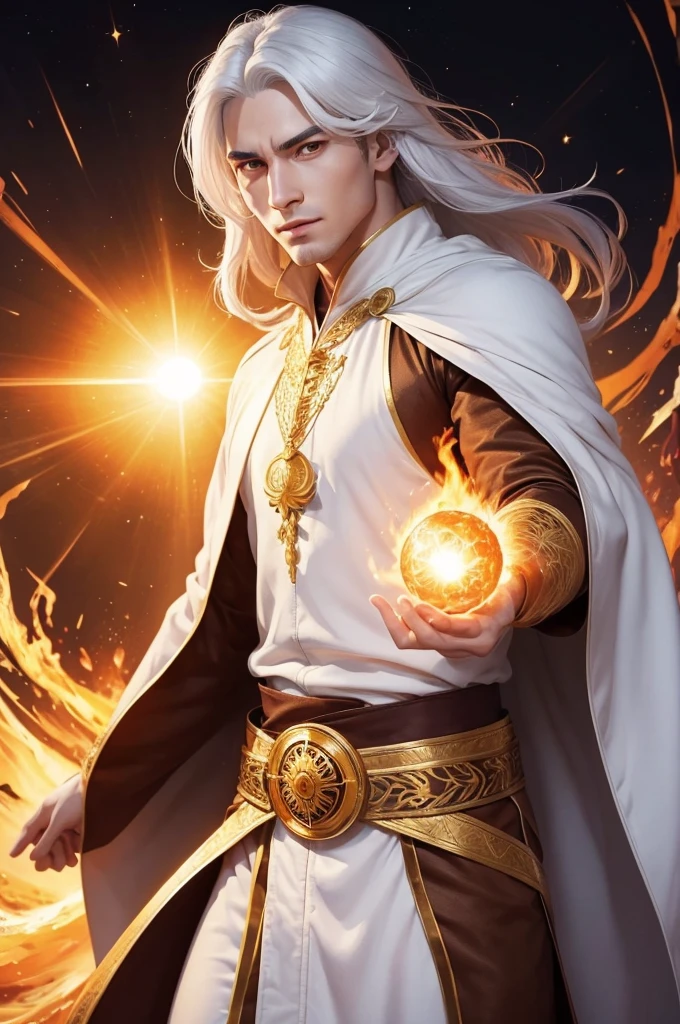 Draw a man with a face shining like the sun, eyes like fire, completely white hair, dressed in talar robes and a golden belt across the chest.