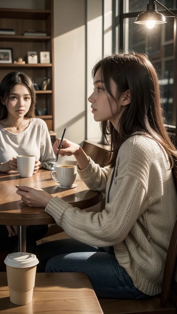 Philosophical dialogue scene: Two people sitting in a modern cafe, one speaking with passion, the other listening attentively, with coffee cups and books on the table. Soft lighting and background blur for an intimate atmosphere.