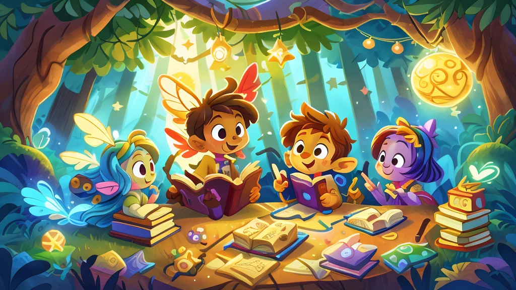 Create an enchanting and whimsical illustration for a YouTube channel named 'Magic Minute Stories' focused on short stories for kids. The artwork should feature magical elements like fairies, books, stars, and other imaginative elements that evoke wonder and storytelling. The style should be colorful, vibrant, and appealing to children, with a friendly and inviting atmosphere suitable for a children's entertainment channel.