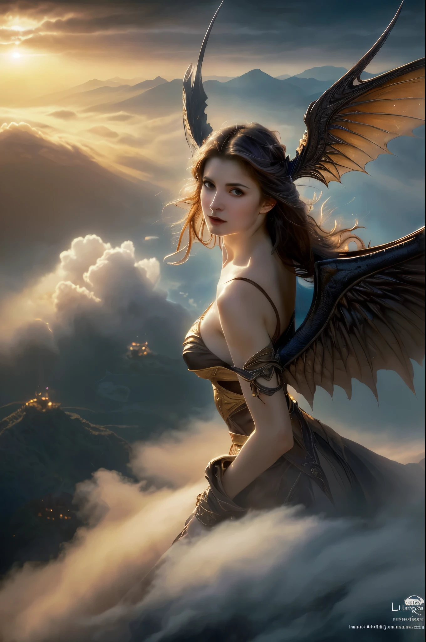 ((best quality)), ((masterpiece)), (detailed), alluring succubus, ethereal beauty, perched on a cloud, (fantasy illustration:1.3), enchanting gaze, captivating pose, delicate wings, otherworldly charm, mystical sky, (Luis Royo:1.2), (Yoshitaka Amano:1.1), moonlit night, soft colors, (detailed cloudscape:1.3), (high-resolution:1.2)