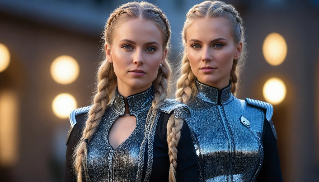 a beautiful 28 yo Oslo Norway woman, Captain Tiassa with long blond braided hair wearing a Venusian chrome military dress, led lights long dress with diamonds next to Venusian Estate, intricate detailing, HDR, vibrant contrast, 32k resolution, luminism lighting techniques, ultra-realistic digital render, bokeh, mass effect, close up black, beauty, pure perfection, divine presence, unforgettable, impressive, breathtaking beauty, Volumetric light, auras, rays, 8k uhd, dslr, soft lighting, high quality, natural textures 8k masterpiece canon eos r4s 50