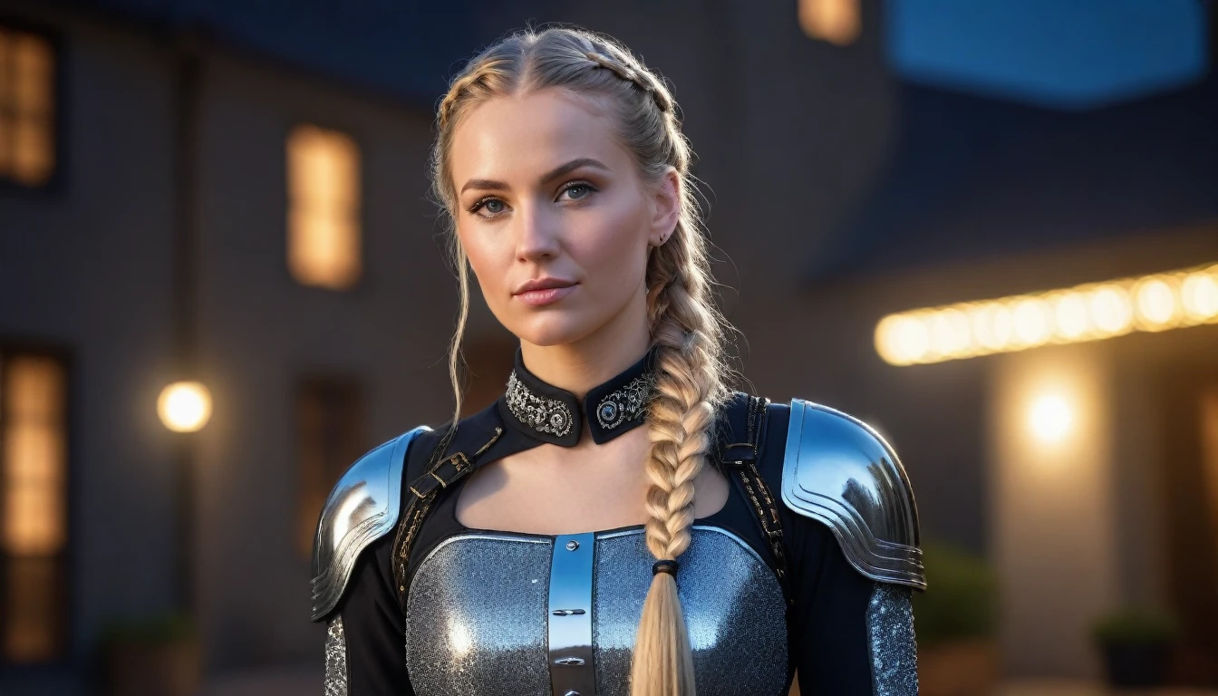 a beautiful 28 yo Oslo Norway woman, Captain Tiassa with long blond braided hair wearing a Venusian chrome military dress, led lights long dress with diamonds next to Venusian Estate, intricate detailing, HDR, vibrant contrast, 32k resolution, luminism lighting techniques, ultra-realistic digital render, bokeh, mass effect, close up black, beauty, pure perfection, divine presence, unforgettable, impressive, breathtaking beauty, Volumetric light, auras, rays, 8k uhd, dslr, soft lighting, high quality, natural textures 8k masterpiece canon eos r4s 50