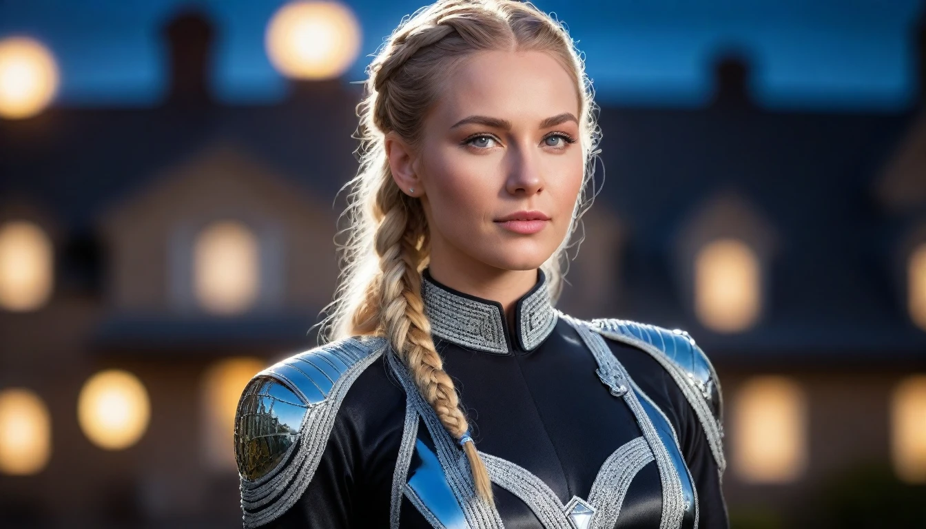 a beautiful 28 yo Oslo Norway woman, Captain Tiassa with long blond braided hair wearing a Venusian chrome military dress, led lights long dress with diamonds next to Venusian Estate, intricate detailing, HDR, vibrant contrast, 32k resolution, luminism lighting techniques, ultra-realistic digital render, bokeh, mass effect, close up black, beauty, pure perfection, divine presence, unforgettable, impressive, breathtaking beauty, Volumetric light, auras, rays, 8k uhd, dslr, soft lighting, high quality, natural textures 8k masterpiece canon eos r4s 50
