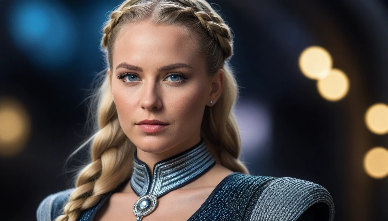 a beautiful 28 yo Oslo Norway woman, Captain Tiassa with long blond braided hair wearing a Venusian chrome military dress, led lights long dress with diamonds next to Venusian Estate, intricate detailing, HDR, vibrant contrast, 32k resolution, luminism lighting techniques, ultra-realistic digital render, bokeh, mass effect, close up black, beauty, pure perfection, divine presence, unforgettable, impressive, breathtaking beauty, Volumetric light, auras, rays, 8k uhd, dslr, soft lighting, high quality, natural textures 8k masterpiece canon eos r4s 50
