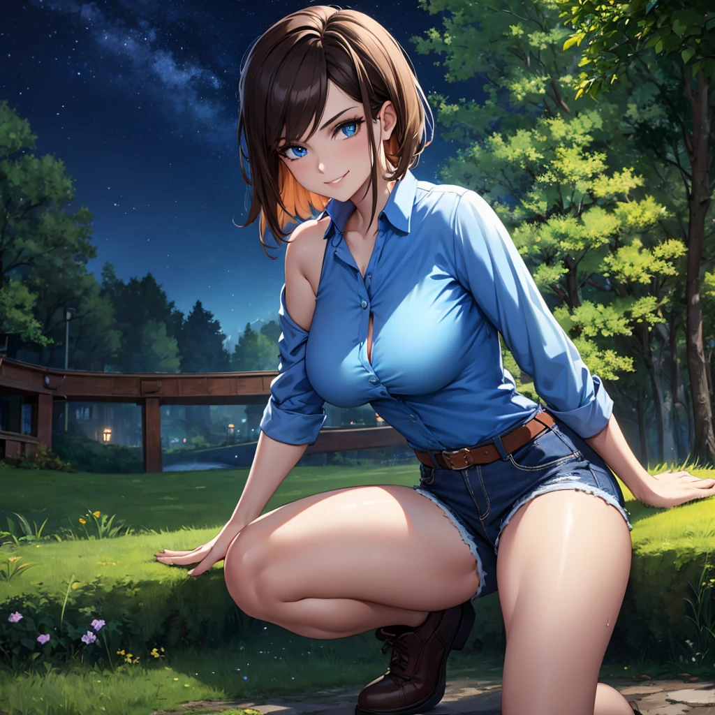 a woman, wearing a blue shirt, black denim shorts, short brown hair, blue eyes, smiling. in a park at night overlooking a forest, a lit place,.HDR, ultra resolution, well defined, masterpiece, 8K HD. (solo woman)
